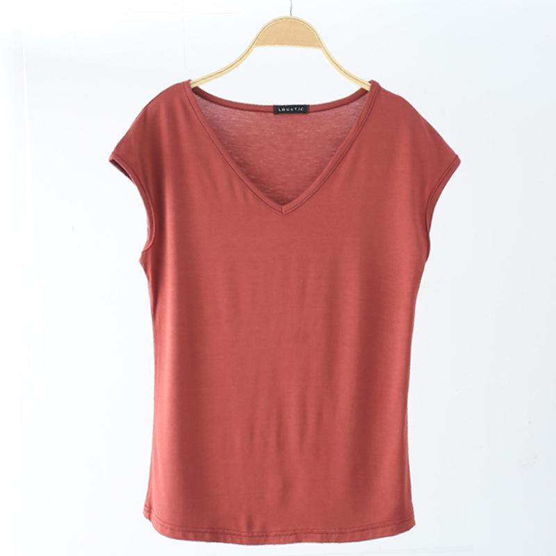 Solid V Neck Basic Tshirt Women Summer Modal Loose Tee Tops Casual Undershirt M To 2XL