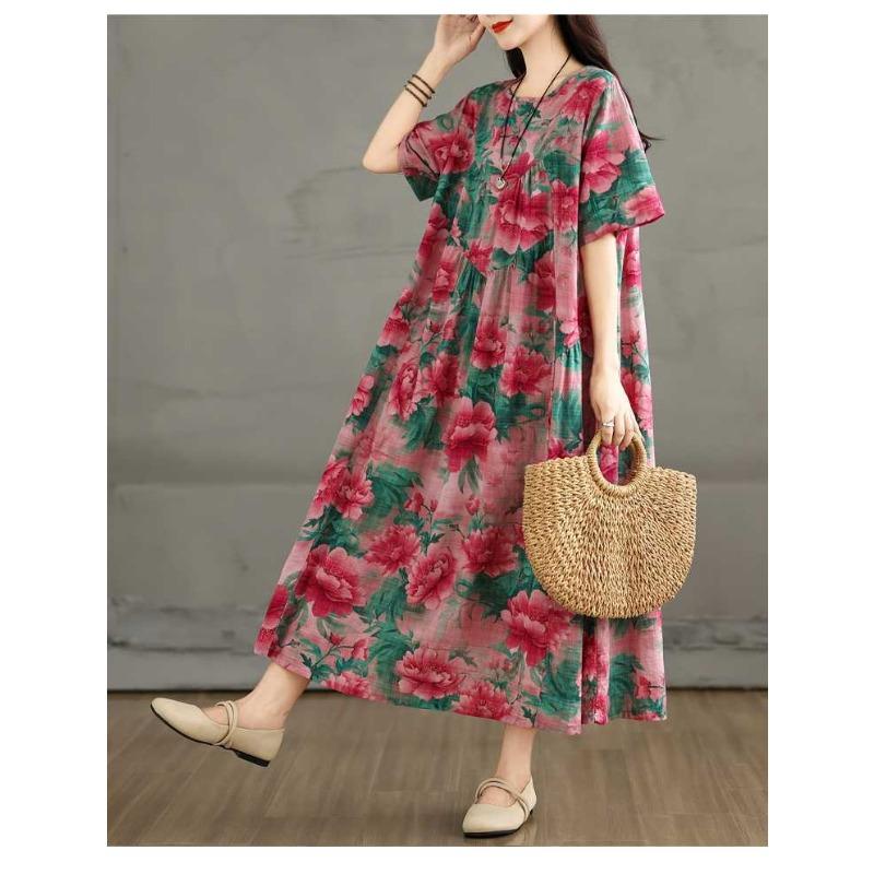 Retro Cotton and Linen Round Neck Short Sleeved Dress, Women's Loose Skirt