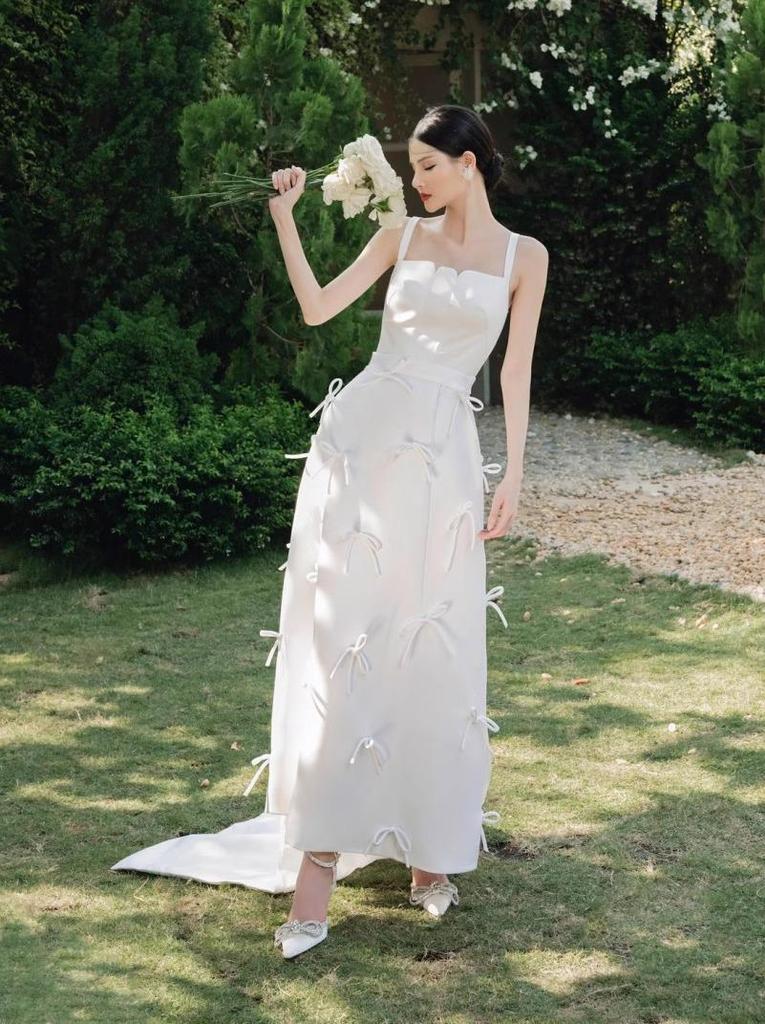 Elegant French Bride Strappy Satin Wedding Dress - Mori Style Formal Gown for Women