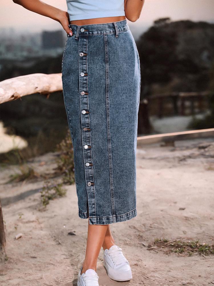 Ayollar Modasi Yuqori Bel Denim Yubka Yirtig'i Uzun Jinsi Yubka