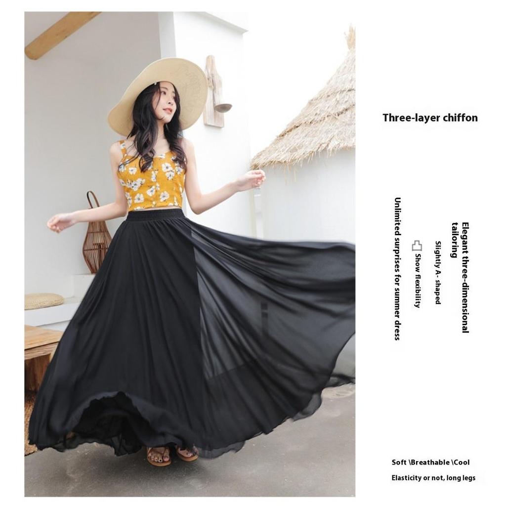 Tooxika Spring and Summer Women's Pure Color Chiffon Skirt with High Waist and Big Swing