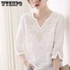 Весна-лето, V-образный вырез, вышитые рубашки из смешанного хлопка и льна для женщин, белые свободные повседневные топы с рукавом семь четвертей