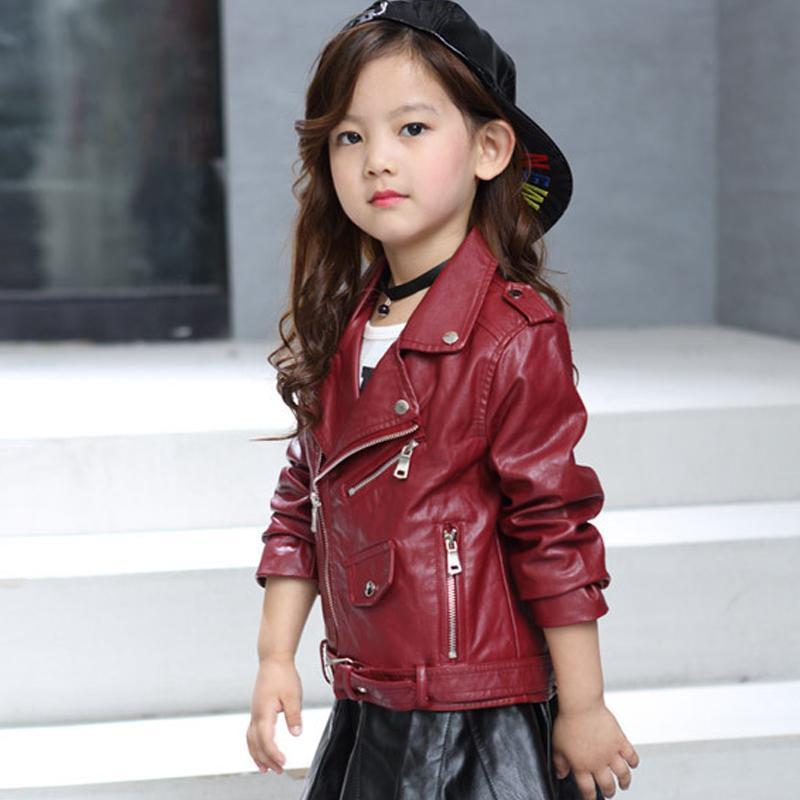 Детская куртка из искусственной кожи весна-осень для девочек, байкерская верхняя одежда, однотонное пальто на молнии с поясом
