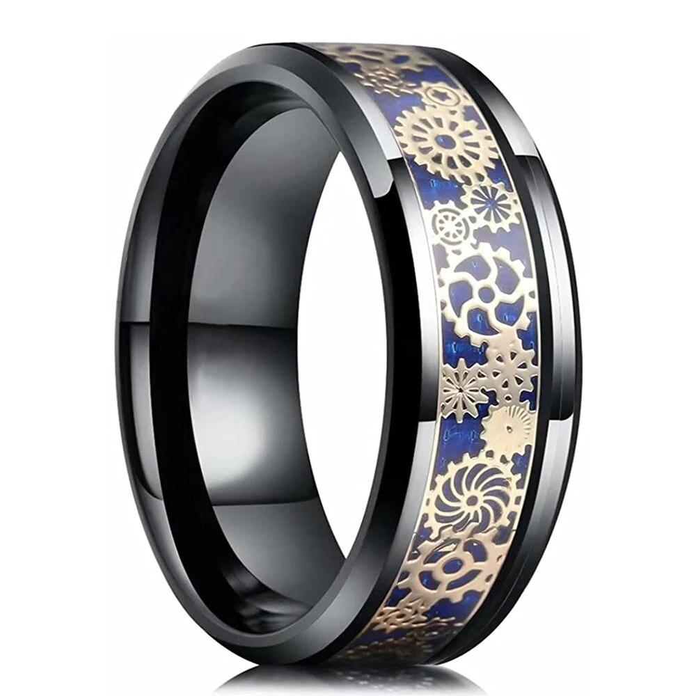 Fashion Men's 8mm Gold Color Groove Beveled Edge Tungsten Wedding Carbon Fiber Ring Punk Gear Wheel Stainless Steel Ring For Men