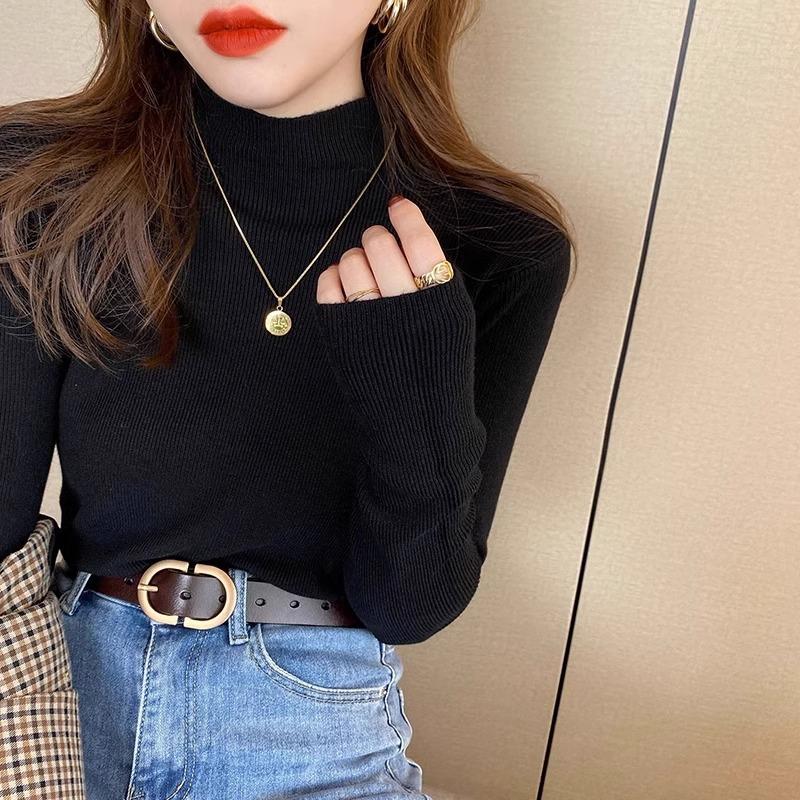 Maillard Wears Thickened Long-sleeved Knitted Bottoming Shirt for Women, New Half-high Collar, Slim and Versatile Top