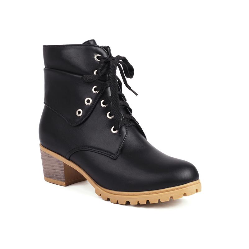 FOREADA Women Ankle Short Boots Round Toe Thick Mid Heels Lace-up Combat Boots Ladies Fashion Shoes Winter Black Blue Camel 43