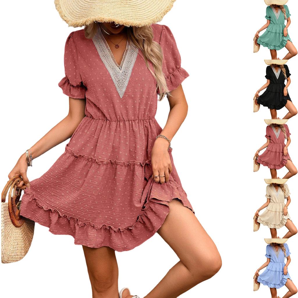 Summer Sundress for Women Short Sleeve V Neck Tiered Ruffle Babydoll Mini Dress Elastic Waist Casual Beach Dress