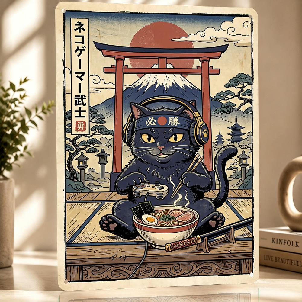 Gaming Samurai Cat Eating Ramen Metal Poster Perfect Gift for Fans Lovers Customized Wall Art Metal Sign for Vintage Decor Room