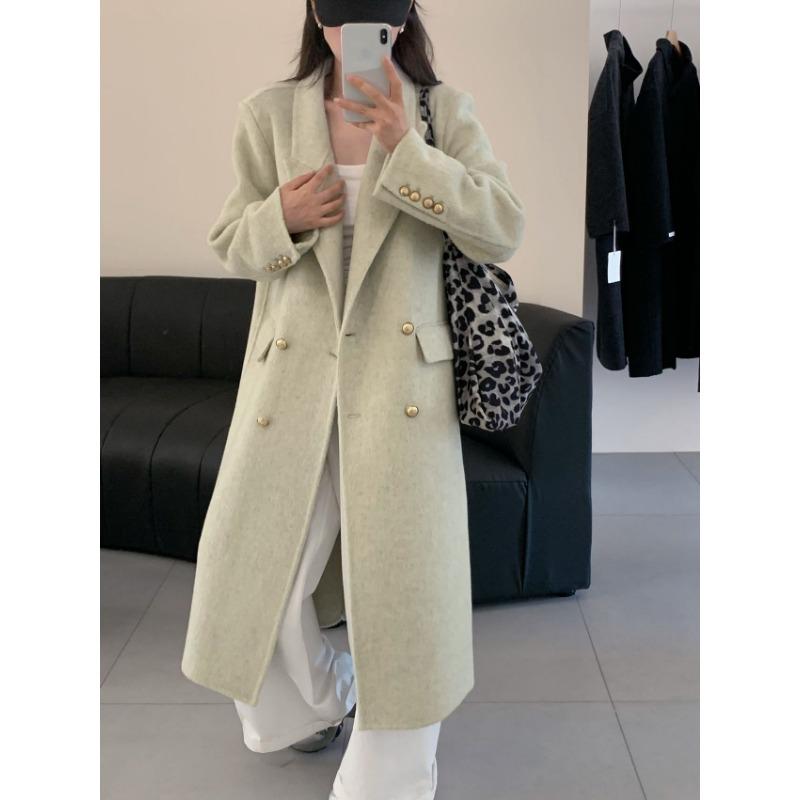 Retro Gold Buckle Brown Suit Double-sided Wool Coat for Women Autumn and Winter Double-breasted Mid-length Herringbone Wool Coat