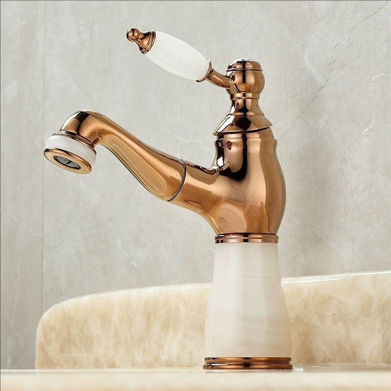 Смесители для раковины в ванной комнате цвета розового золота, смеситель для раковины в ванной комнате с нефритом, смеситель для горячей и холодной воды, выдвижной смеситель для раковины
