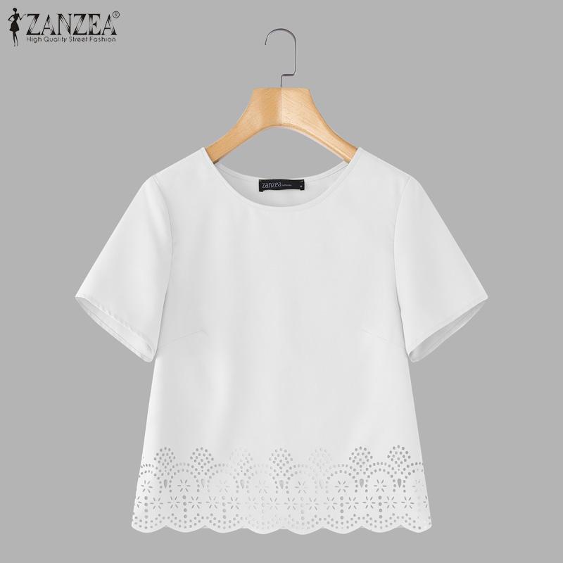 ZANZEA Женская повседневная футболка с круглым вырезом, однотонная, с короткими рукавами