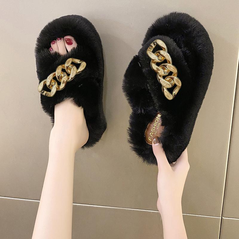 Popular Mao Mao Slippers Women's Outer Wear Chain Thick Bottom Increases Height Spring and Summer Fashion Going Out Plush Cross Autumn and Winter