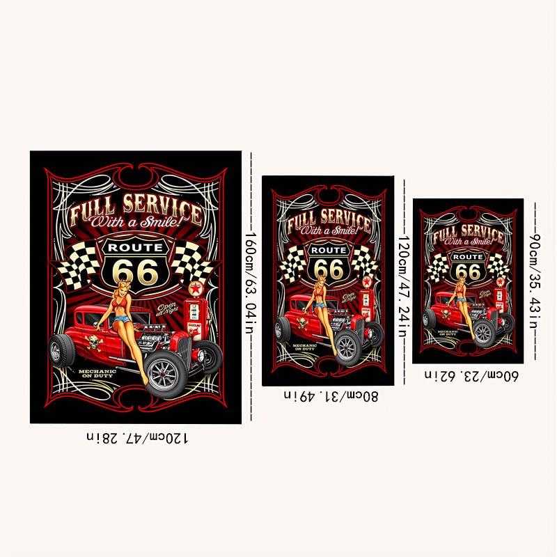 Route 66 Vintage Car Mat - Retro Pin-Up Non-Slip Rug for Living Room, Bedroom Office, Machine Washable Decor