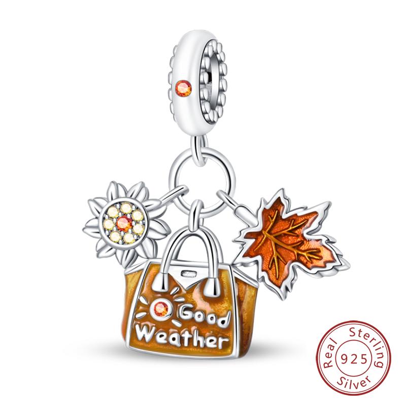 100% 925 Silver Autumn Harvest Series Brown Music Squirrel Scarecrow Pumpkin Maple Leaves Charms Beads DIY Jewelry Gift