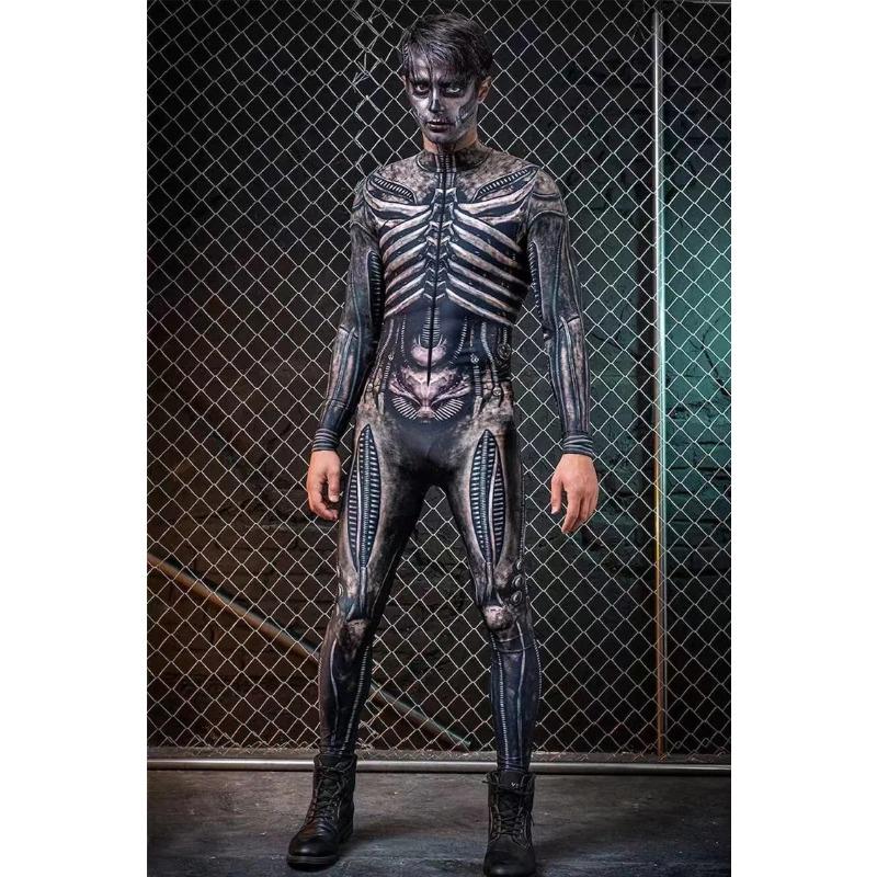 Iootiany Machine Armor 3D Printing Halloween Skeleton Adult Role Playing Costume Cyberpunk Tights Men's Bodysuit Fitness Clothing