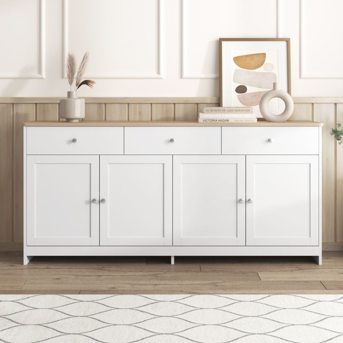Buffet Bas - TANANT - Moderne - 4 Portes - 3 Tiroirs - Blanc et Bois