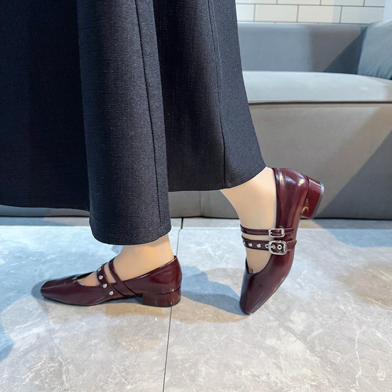 Fashion 2025 New Spring Autumn Women Double Buckle Shoes Leather Square Head Square Heel Solid Color Women's Shoes
