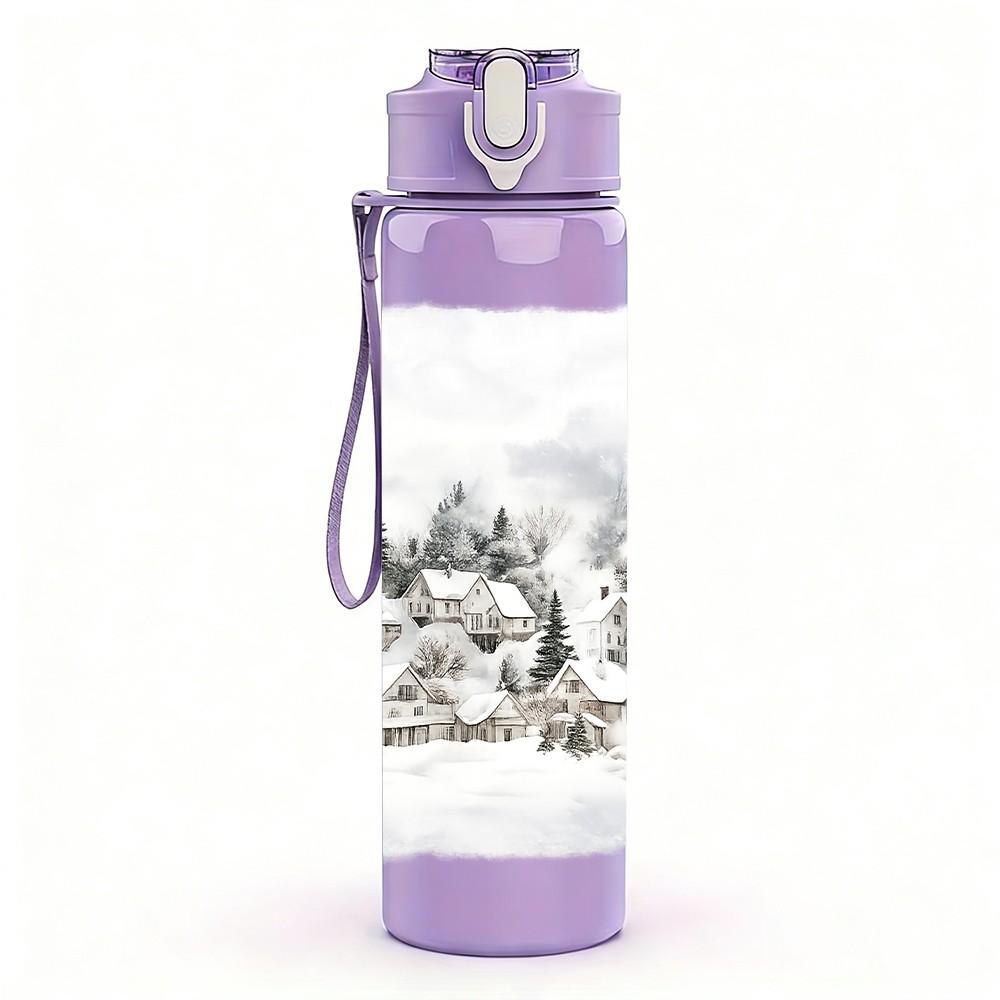 1PC Snowy Mountain Forest Winter Print 750ml Color Plastic Sports Water Bottle Leakproof Flip Straw Lid Suitable for Sports Office Home Use