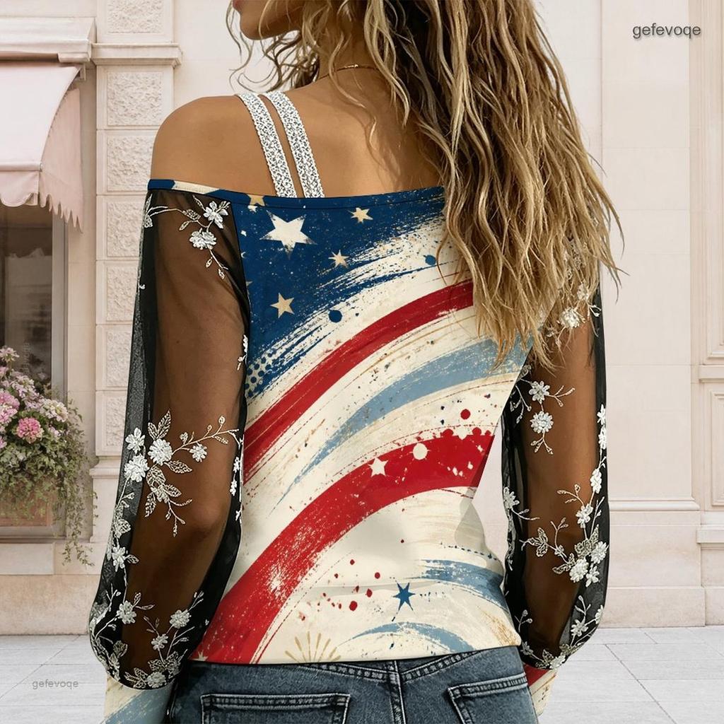 Women Plus Size Asymmetric Off Shoulder T Shirt Long Sleeve Firework Print Navy Blue Sheer Mesh Sleeve
