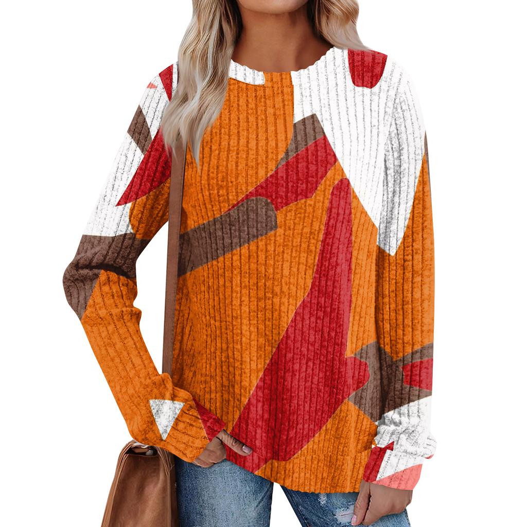Women's Winter Color-Block Printed Lightweight Brushed-Cotton Round Neck Top