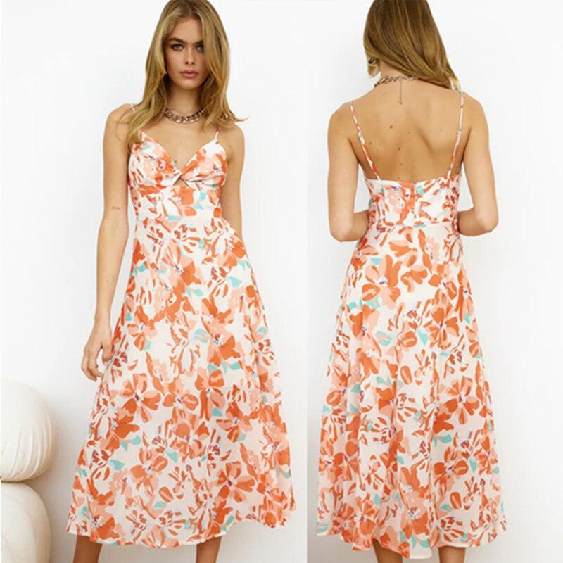 Fashion Floral Printed Ruffled Slip Ladies Dress Summer Elegant Sleeveless V-neck Long Dress Women Sexy Vestido De Mujer 25472