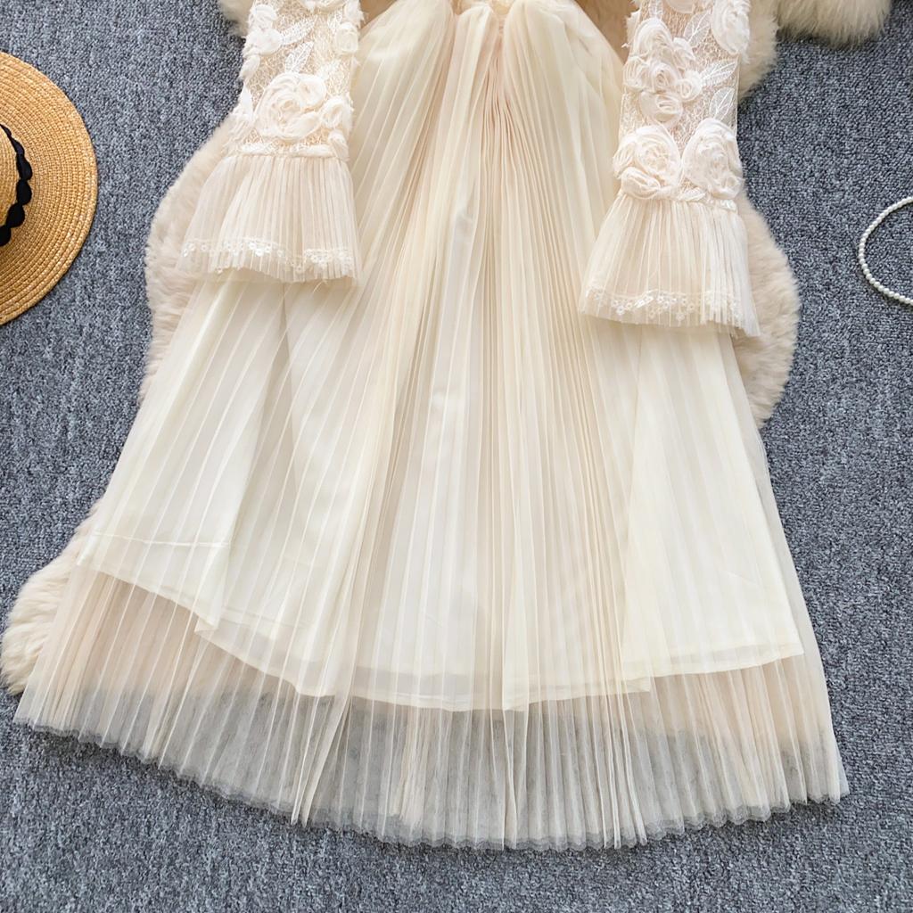 Весна Лето Женские Элегантные 3D Цветочные Расклешенные Рукава Принцесса Вечерние Сетчатые Плиссированные Платья