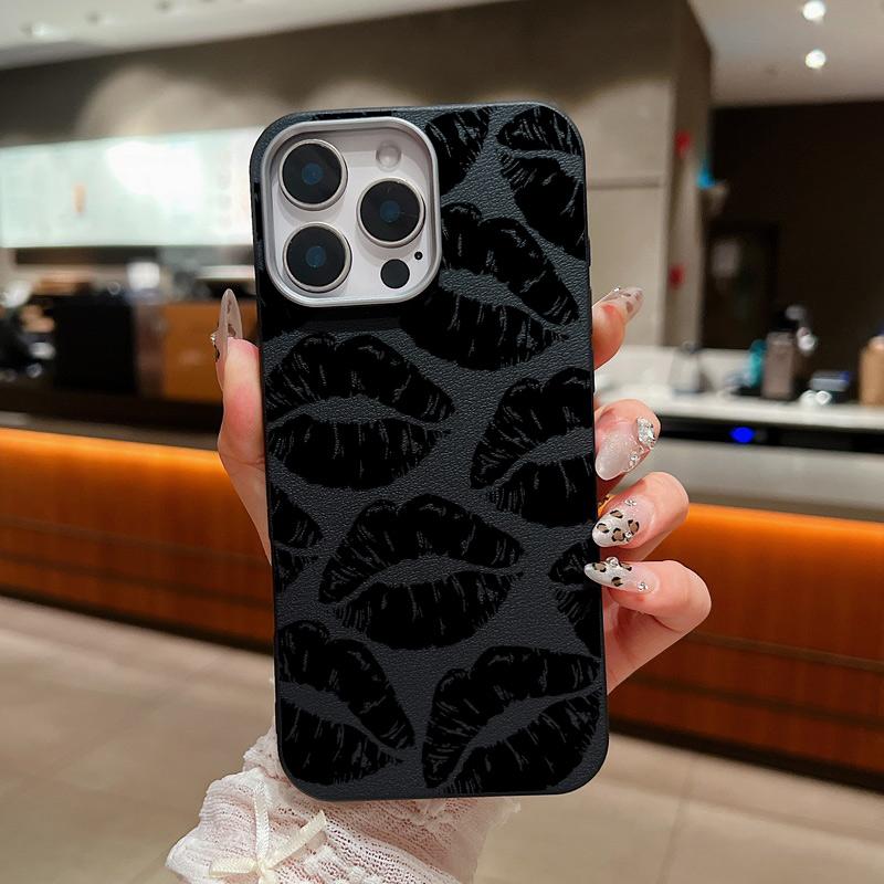 Кожаный чехол с текстурой черного цвета и узором в виде полых губ для iPhone 16 15 Pro 14 Plus 13 12 11 Pro Max Xs Xr 8 7 Plus, ударопрочный, мягкий, из ТПУ, тонкий чехол