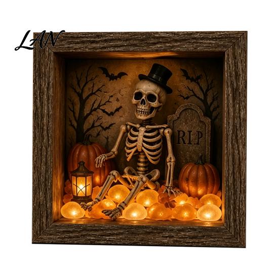 Small Halloween Figures Lighted Frame Ornaments, Light Up Shadow Box, Warm Festive Party Supplies Atmosphere LED Lights for Home Living Room