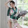 Elegant Deep V Bell Sleeve Kimono Lingerie Set with Vintage Japanese Print