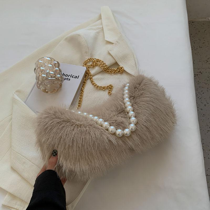 Autumn Winter Cute Plush Bag New Women's Popular Pearl Chains Crossbody Solid Color Fashion Single Shoulder Fur Pack Korean