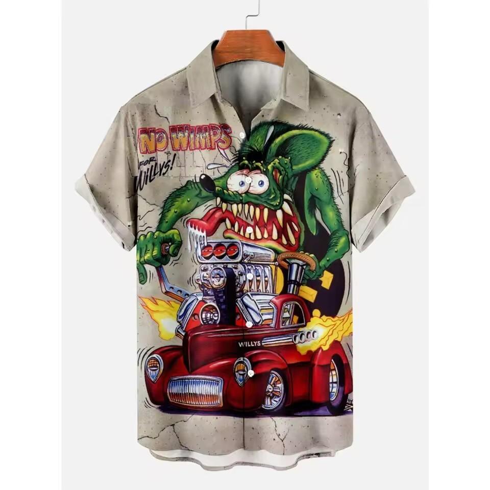 Мужская гавайская рубашка Rat Fink Летняя мультяшная гоночная машина Пламя Унисекс футболка