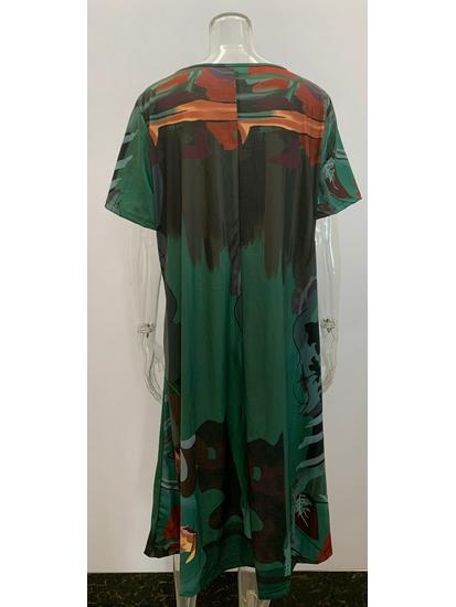 Летнее повседневное платье с принтом в европейском и американском стиле 2023 г.: Пляжная юбка свободного кроя с короткими рукавами, завязывающаяся на талии, с круглым вырезом