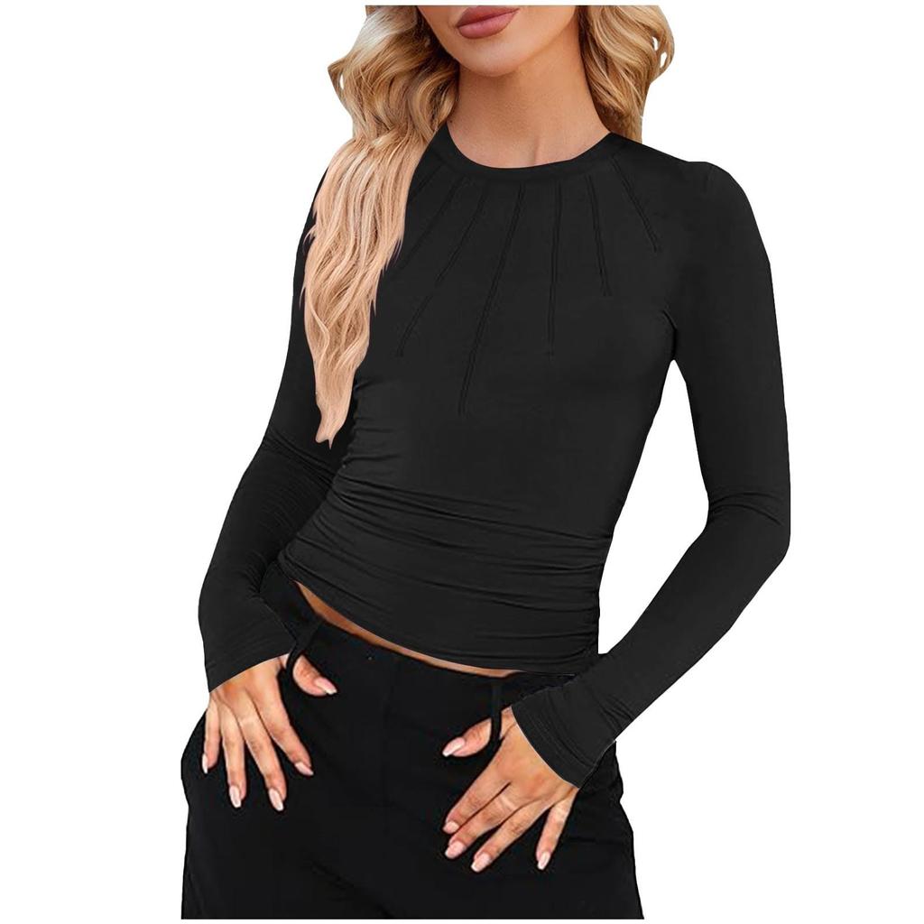 Women's Fashionable Round Neck Slim Fit Solid Color Pleated Long Sleeved Casual Top T-Shirt