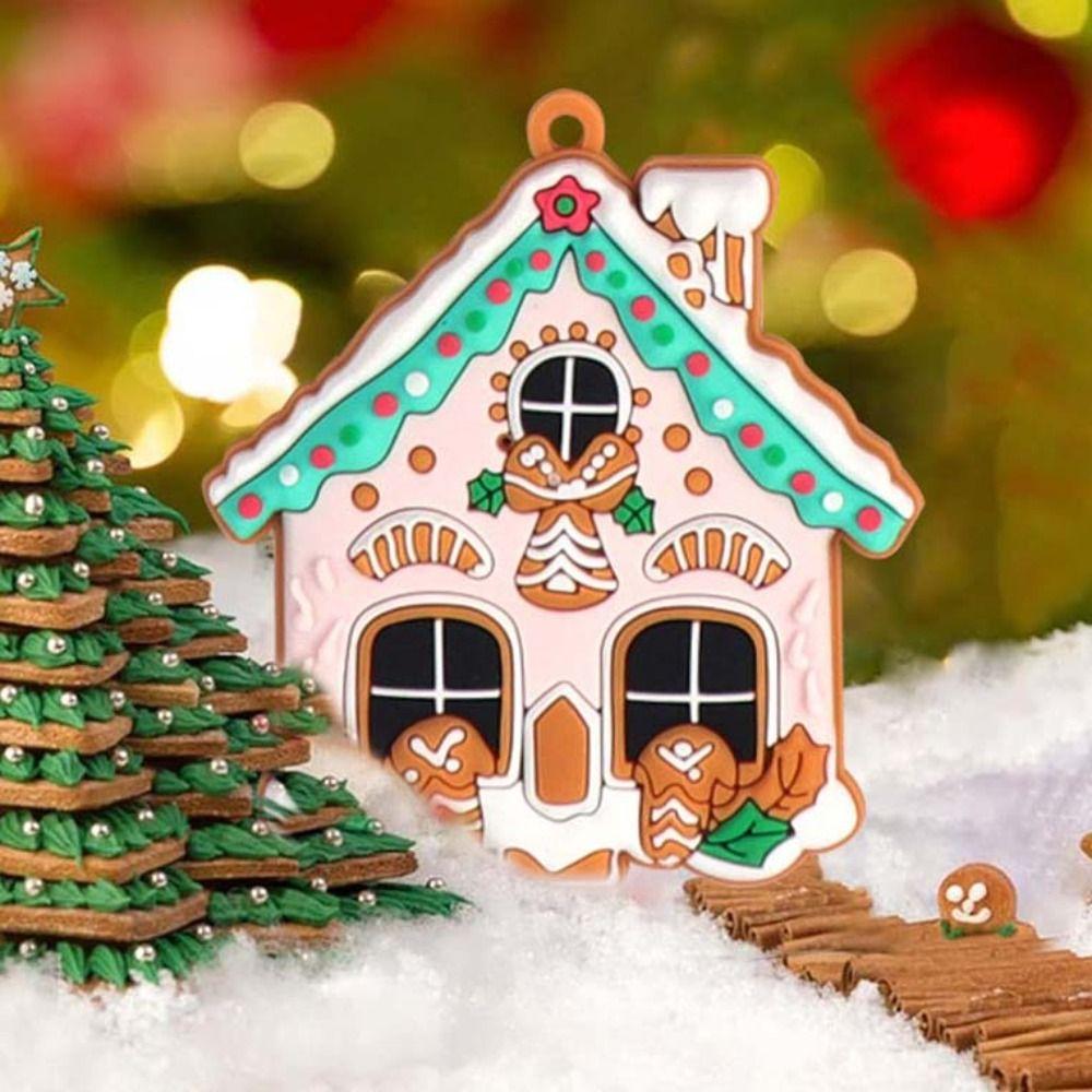 8/16Pcs Mixed Pattern Christmas Gingerbread House Pendant Candy Color PVC Cottage Hanging Ornaments with Hanging Chain DIY