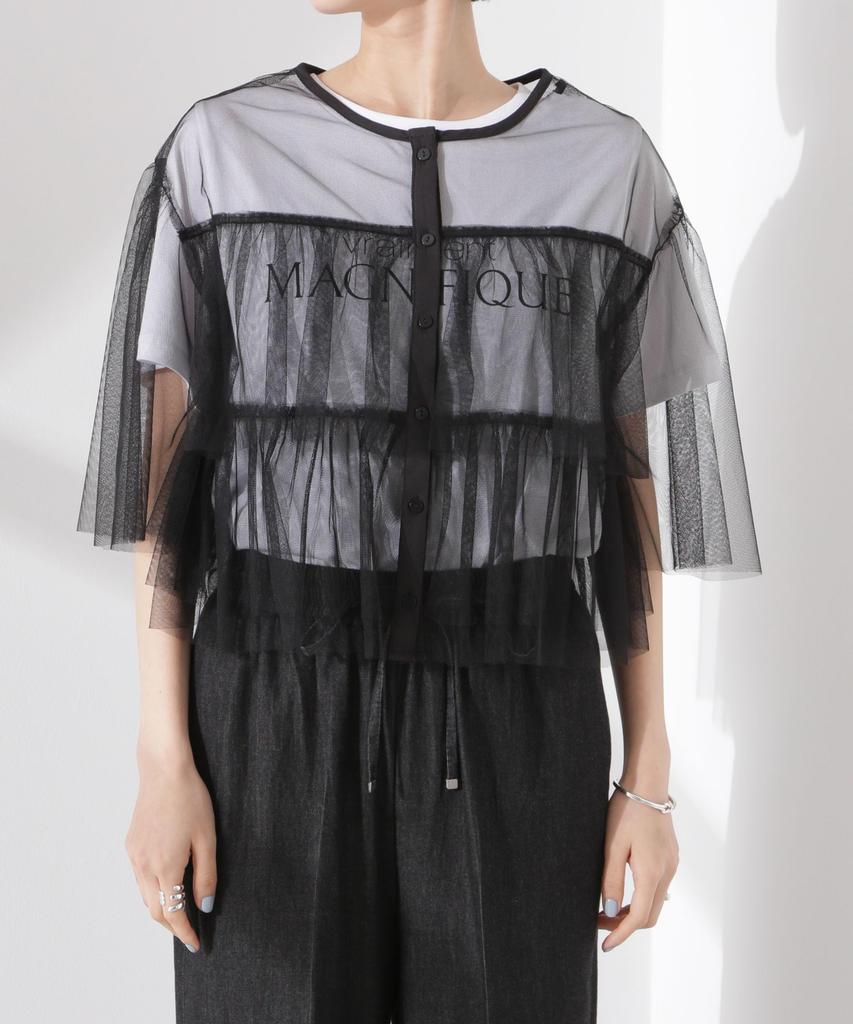 Nano Universe Tulle Tiered F Women's Blouse, 010, Black, 673-5121320