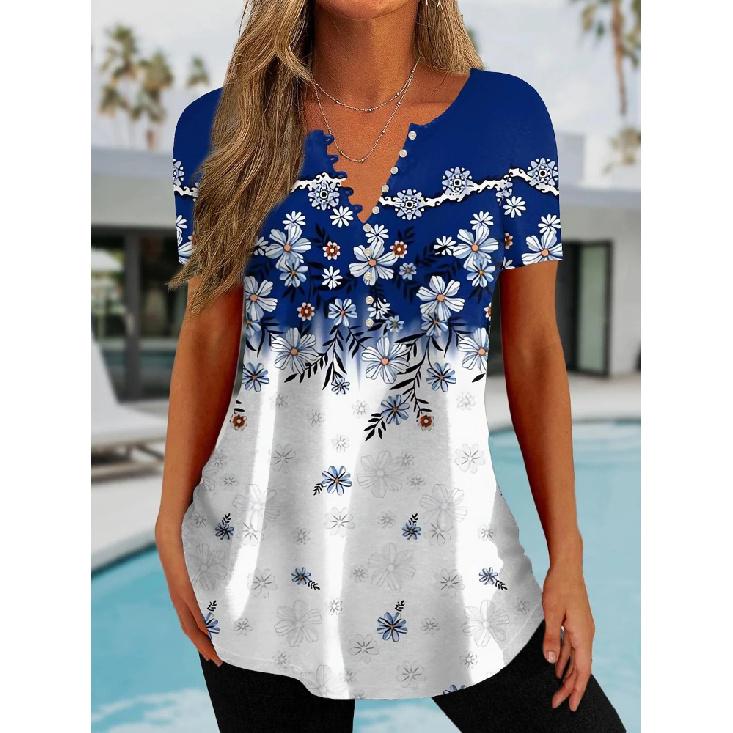 Simple Women'S Short Sleeve 3D Flower Print Clothes Beautiful V Neck Short Sleeve T-Shirt Trendy Fashion Women'S Streetwear