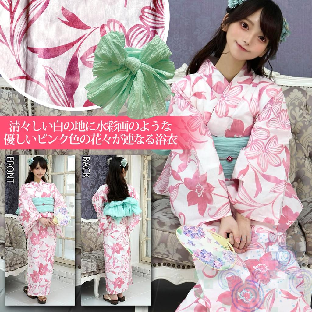 RAVIR Yukata Refreshing White Background with Watercolor and Soft Pink Floral Includes a Fluffy Obi Belt and One Size Fits All Women's 3-Piece Set