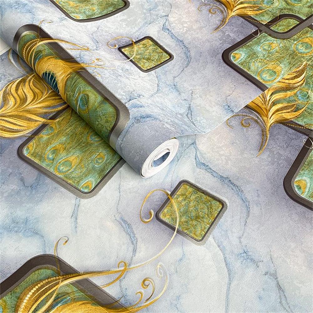Обои с павлиньим пером 3d Тисненые Гостиная Спальня ТВ Диван Мраморная текстура Геометрические обои Ktv Отель Фреска Синий Серый