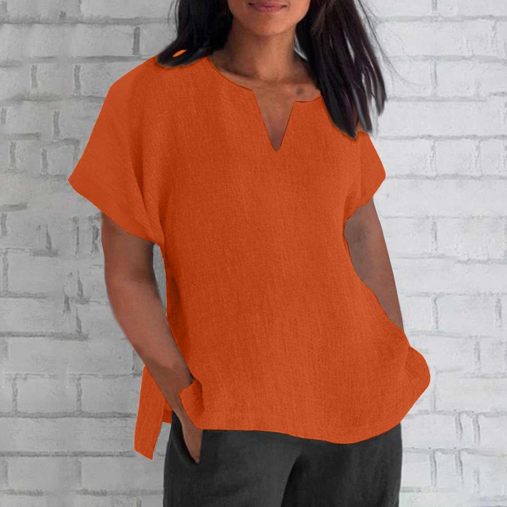 Women's Fashion Short Sleeve V-Neck Solid Colour Loose Casual Shirt Cotton Blouse