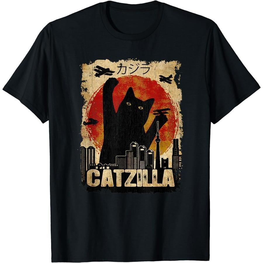 ZAANU Винтажная футболка Catzilla - Забавная футболка с котенком и кошкой(1)
