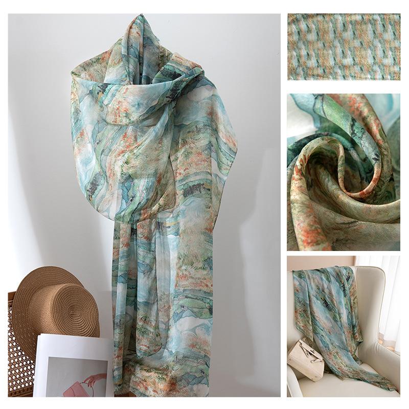 Длинные полосы шелкового шарфа  Высококлассный шарф из тутового шелка  Женский свежий маленький цветочный тонкий стиль  Атмосфера  Большая шаль