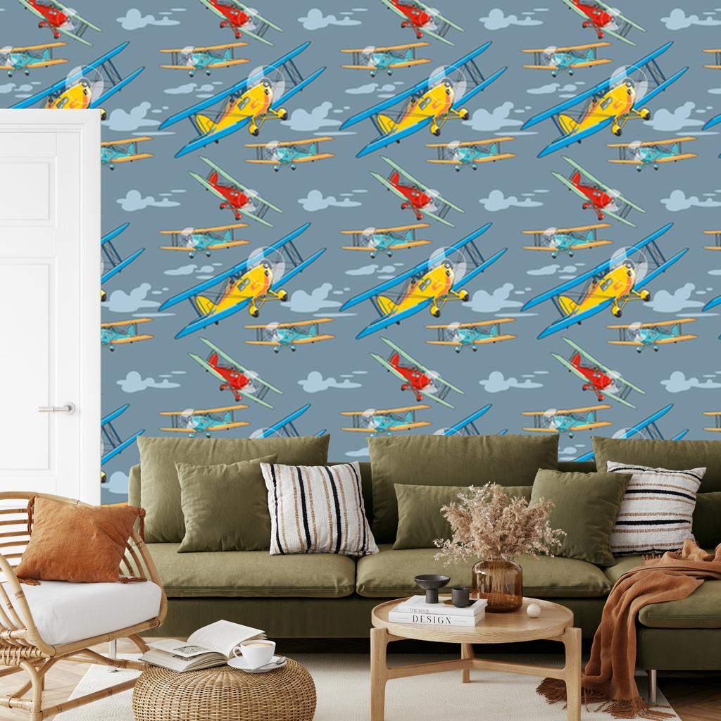 Colorful retro airplanes wallpaper for living room and bedroom 50x1000