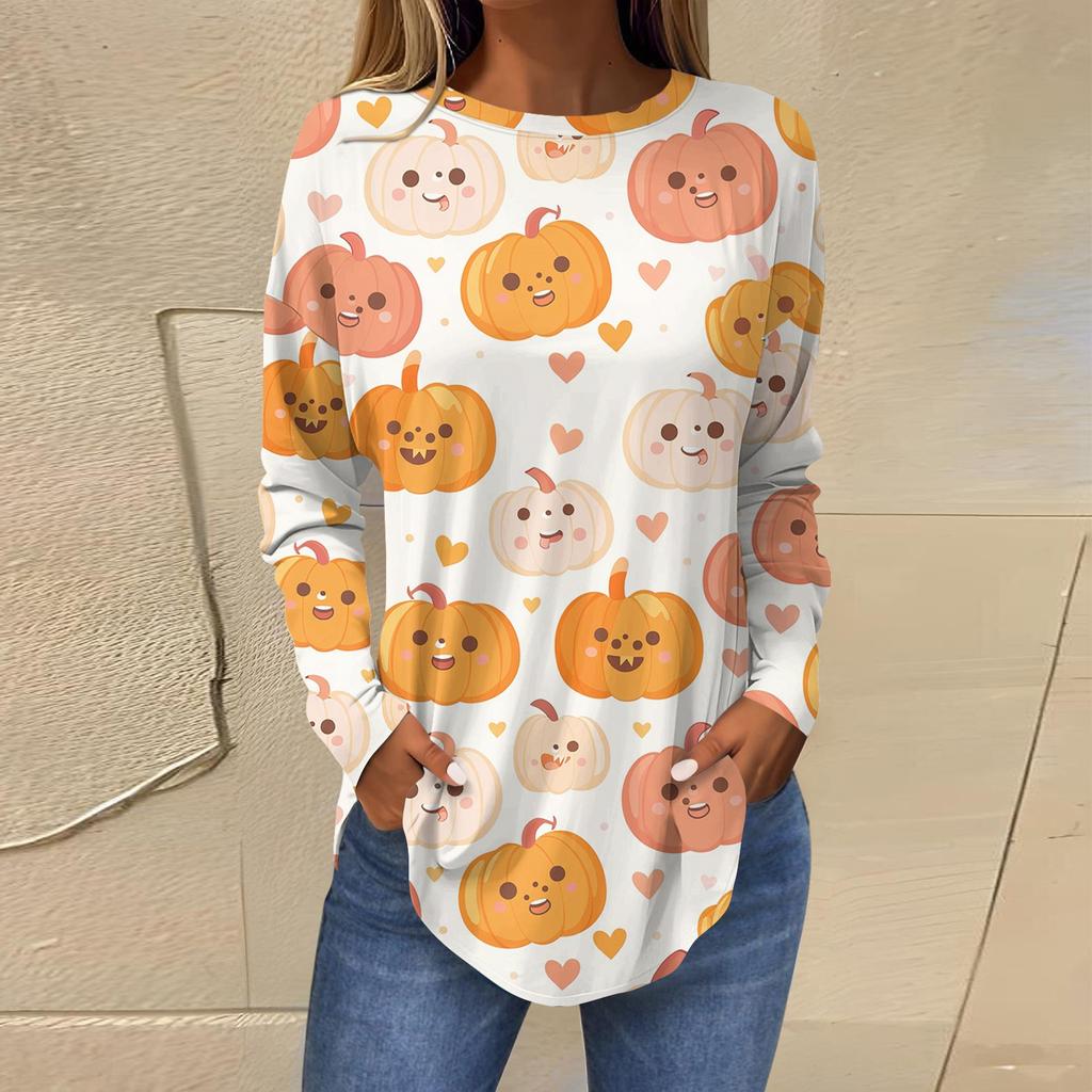 Женская свободная футболка с длинным рукавом с круглым вырезом и принтом, верхний пуловер