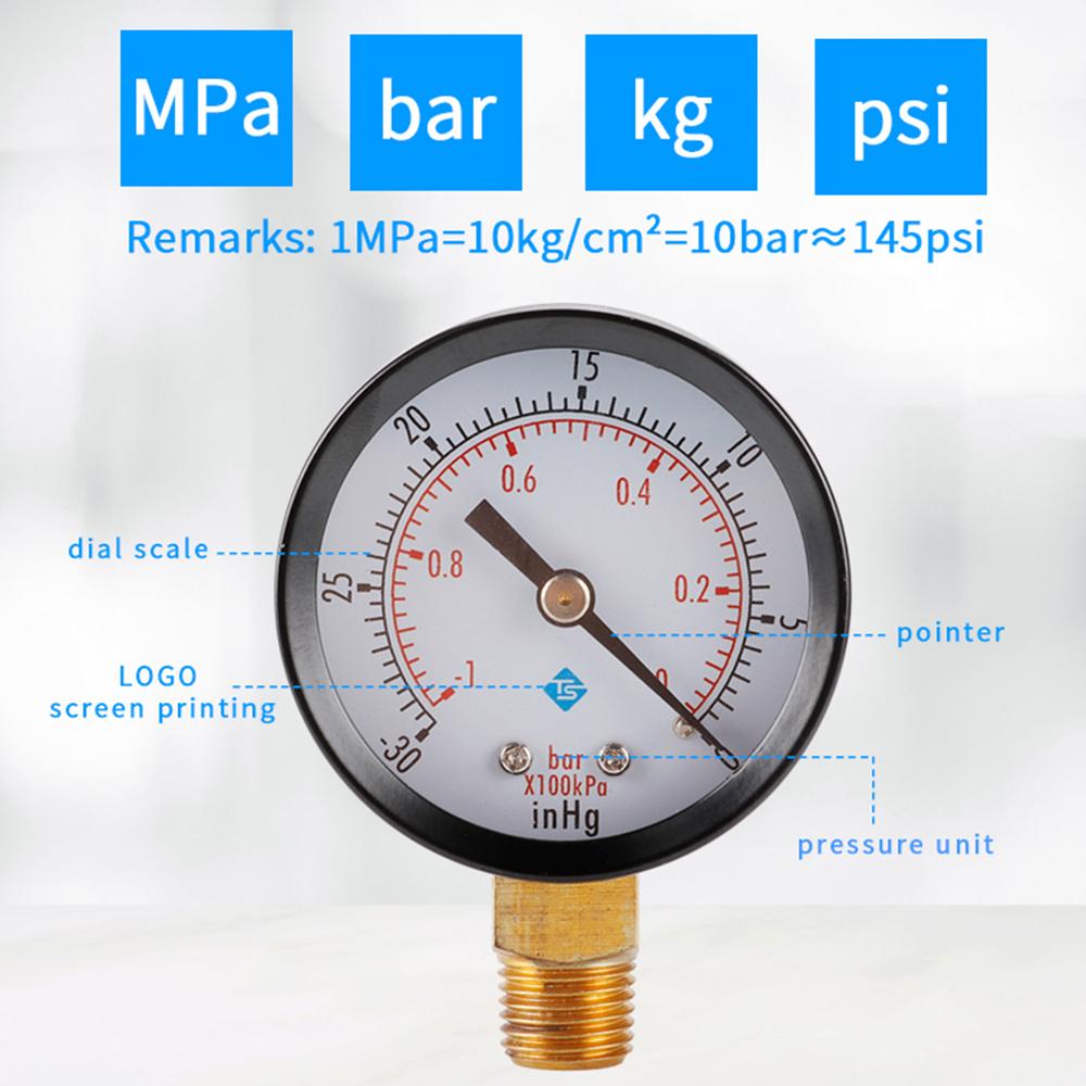 TS-50-1+1 Instrument 1/4'' BSPT Thread Mount Gas Water Pressure Gauge Stainless Steel Case Dry Vacuum -30inHg/0