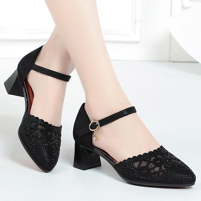 Fashion New Pointed Toe Women Sandals 2024 Spring Summer Mid Heel Gauze Hollow Shoes Fashion Shoes Buckle Strap Comfortable For Office