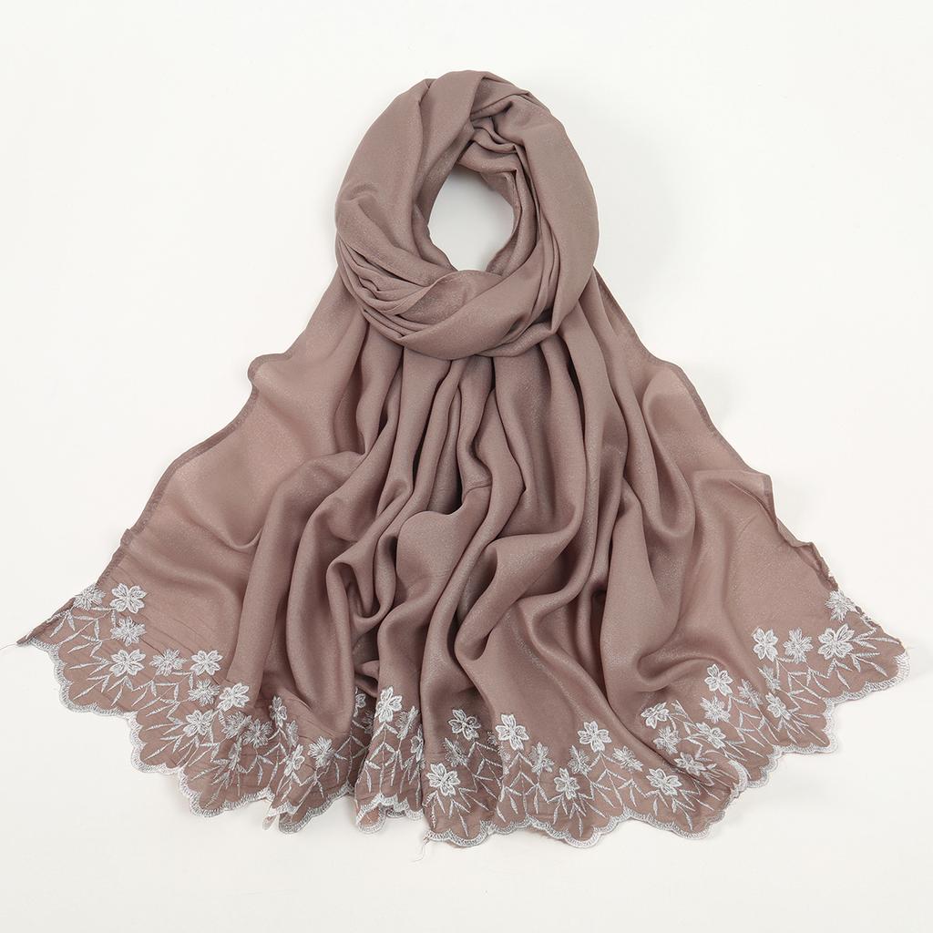 Solid Color Chiffon Embroidery Hijab - Ruffled Edge Long Scarf Islam Hijabs Women's Turbans Head Wrap Lightweight Scarf