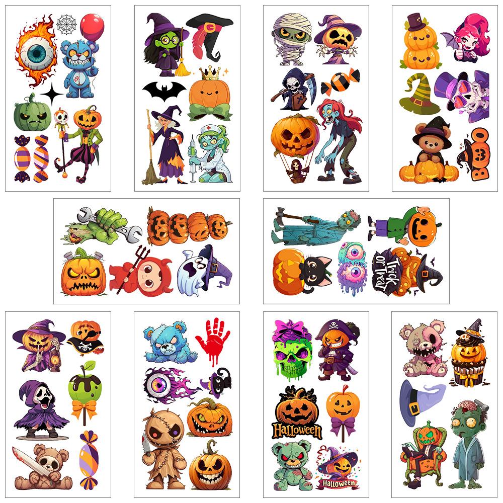10sheets Cartoon Halloween Pumpkin Tattoo Stickers For Face Body Temporary Decorative Tattoo Stickers Kids Festival Party Gifts