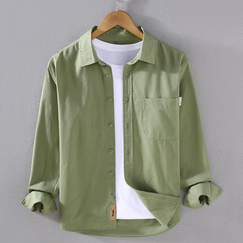 Повседневные мужские рубашки в японском стиле, весна-осень, мужские топы, повседневная однотонная рубашка с отложным воротником, рубашка из чистого хлопка на пуговицах