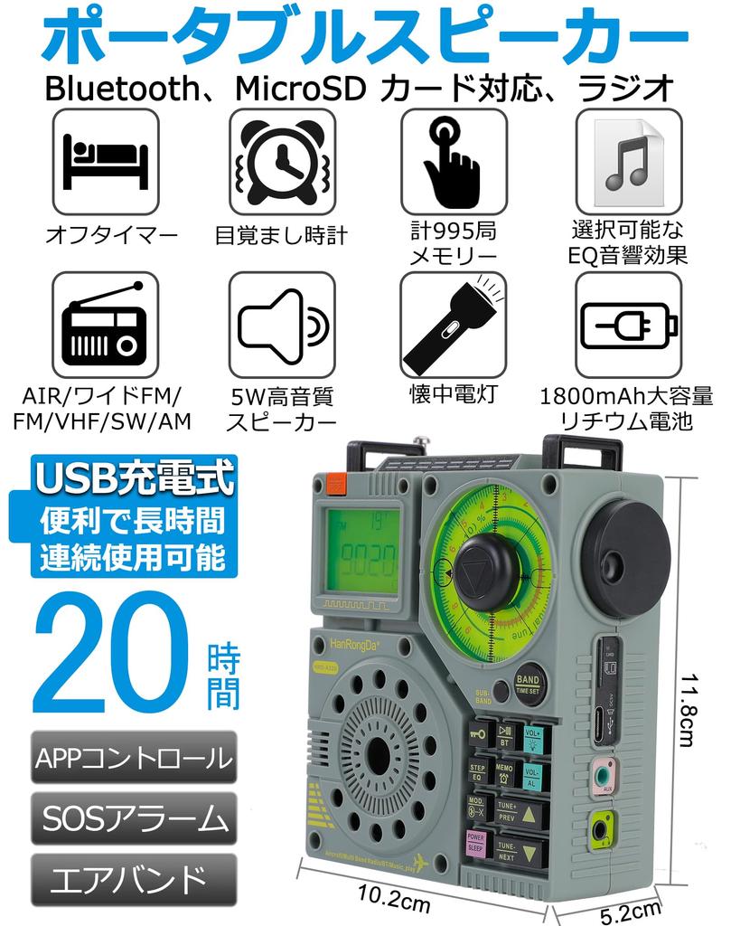 Радио HanRongDa FM-совместимый Bluetooth-динамик Совместимость с картой MicroSD Перезаряжаемый фонарик Приложение для будильника SOS Дистанционное управление Цифровые часы Технические характеристики