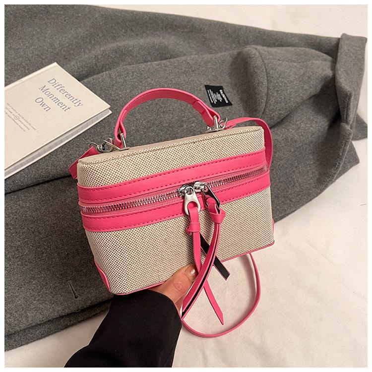 New Color Blocking Box Bag for Women PU Splicing Zipper Handbag Korean Casual Fashion Canvas Shoulder Bag Female CrossBody Bags